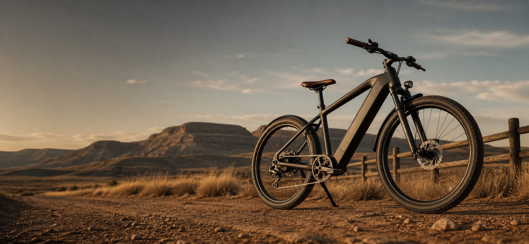 A matte black electric bicycle on an open desert road at golden hour